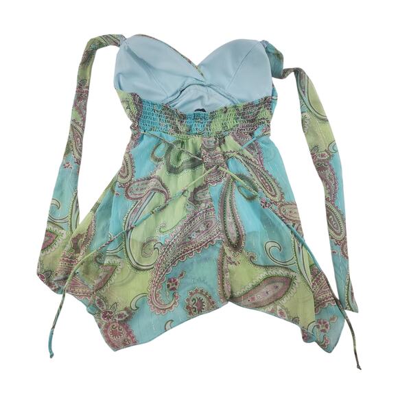 Vintage Y2k Halter Top Small 2000s Paisley Green Blue Lace Chiffon Fairycore - Picture 4 of 15